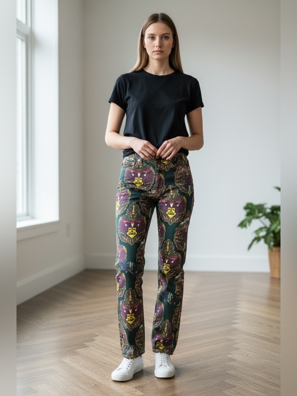 Jean Paul Gaultier Crowned Skull and Eagle Print Jeans Multicolor Sz 36 Fr